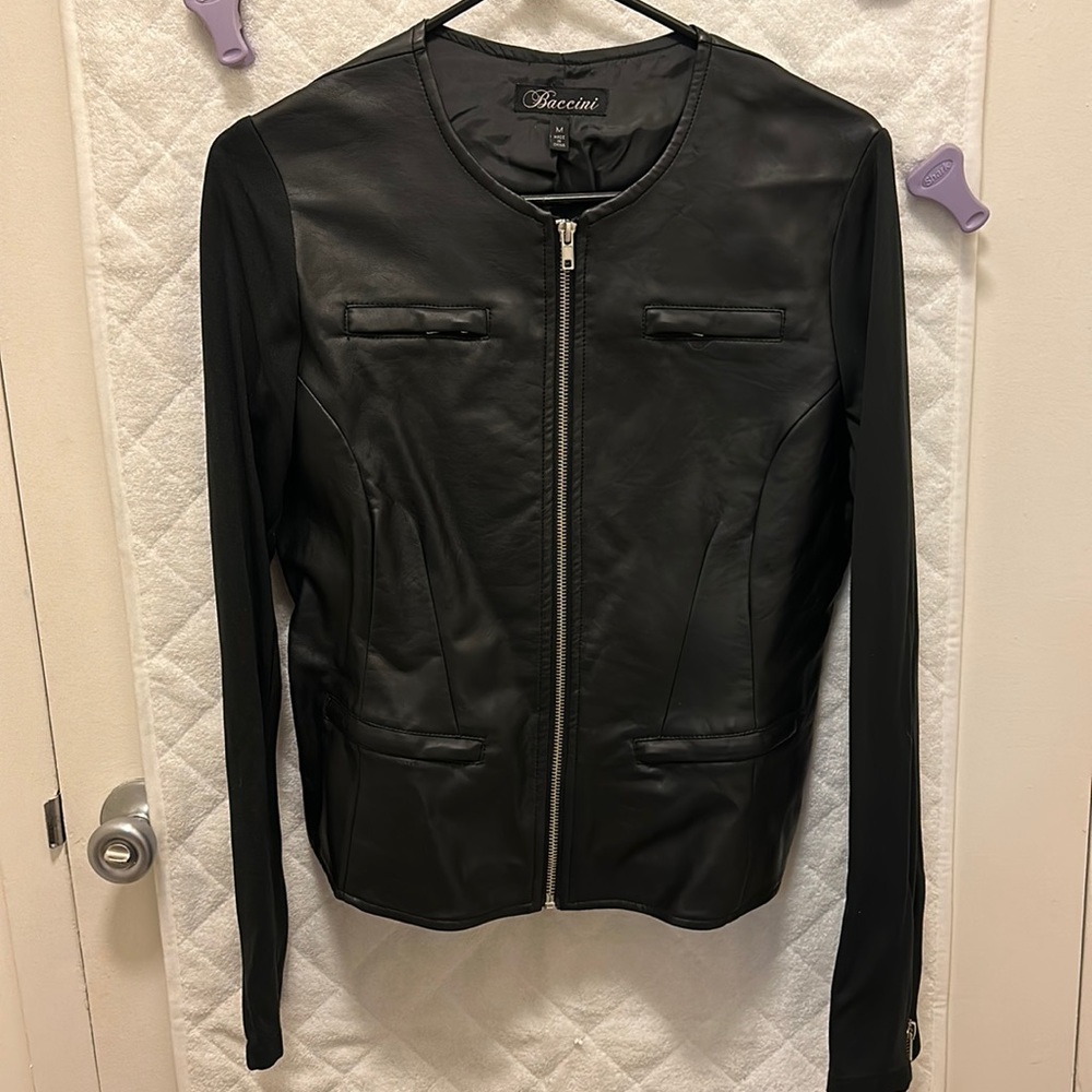 Black Faux Leather jacket with stretchy sleeves